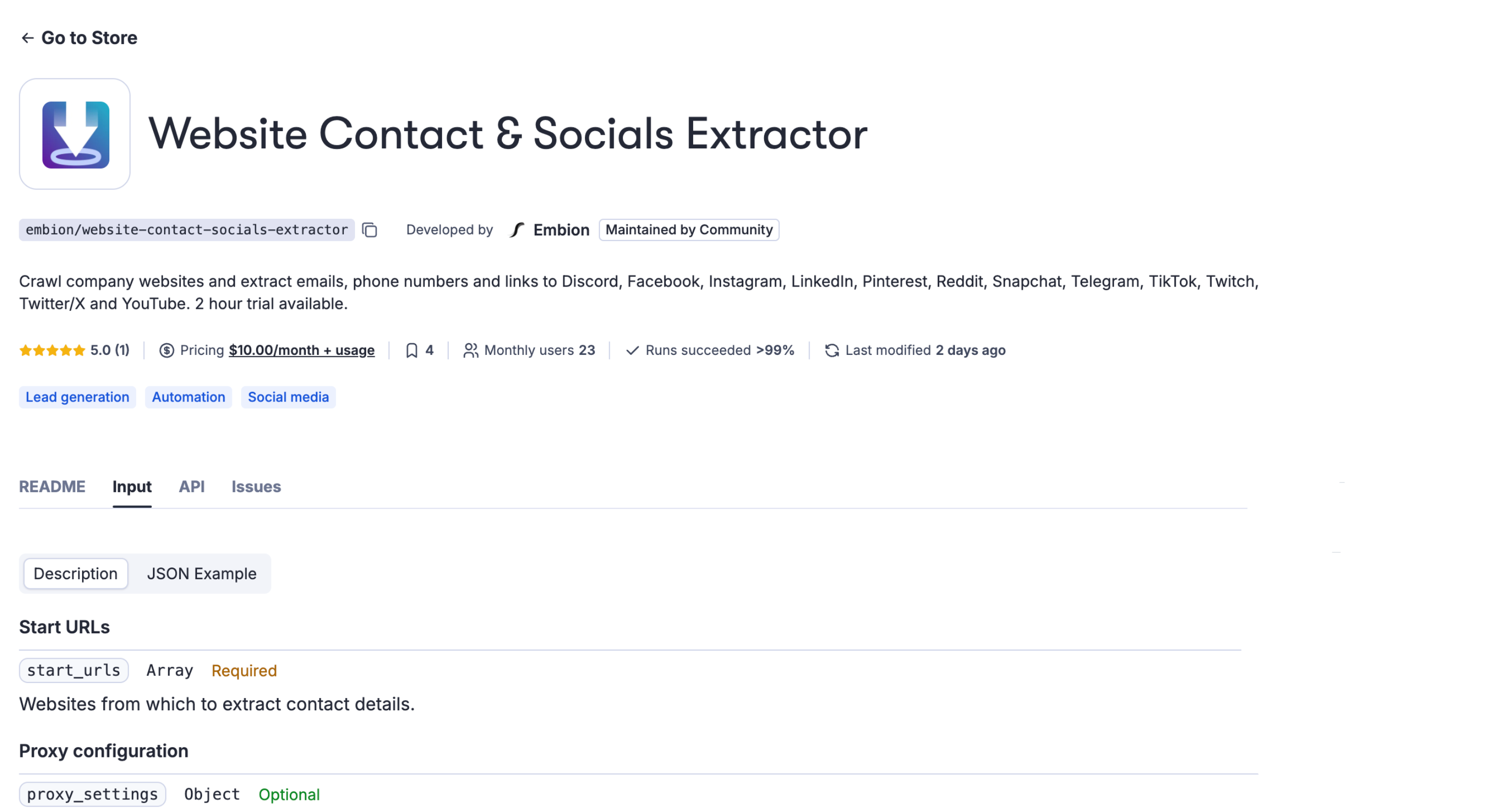 Screenshot of web crawler 'Website Contact & Socials Extractor' on Apify website